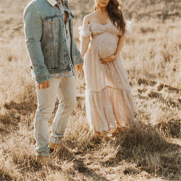Mqtime Pregnancy Vintage Boho Clothes Summer Shouldless Floral Pregnancy Photogrpahy Dress Maternity Maxi Gown Dresses for Photo Shoot